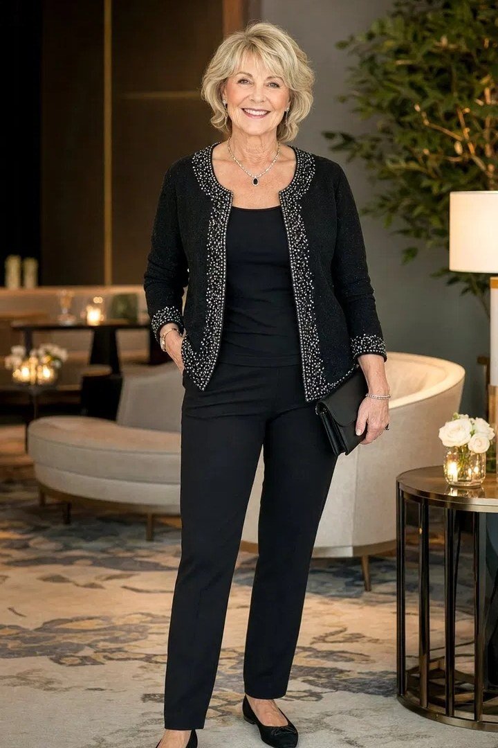 Black cardigan blazer with black trousers, full body work look