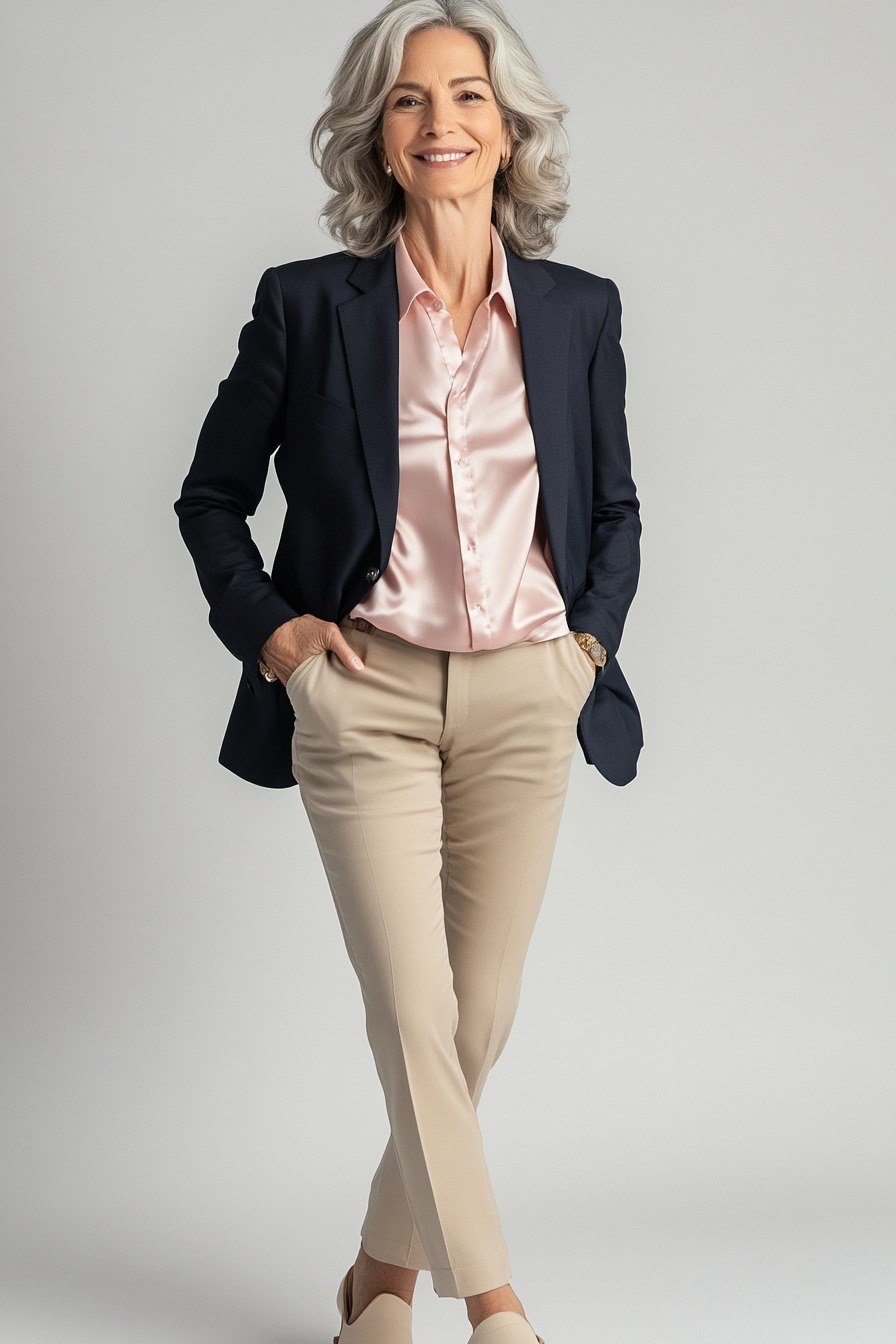 Navy blazer with pink blouse and beige chinos, studio
