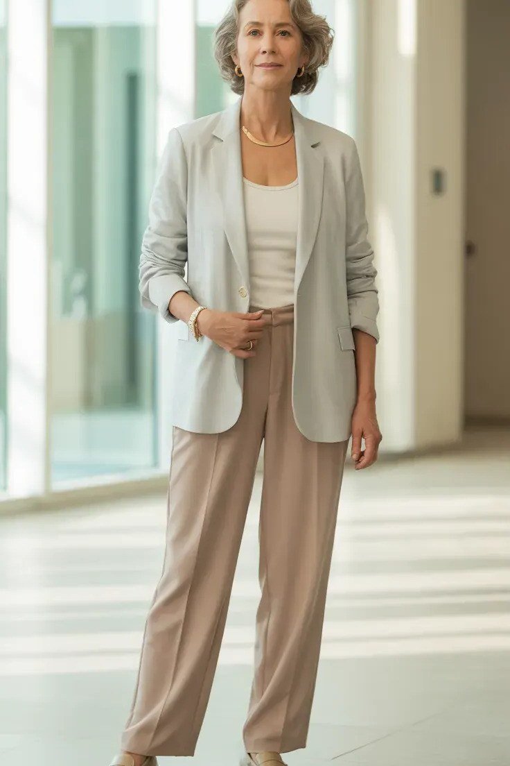 Beige blazer with cream top and beige trousers, office hallway