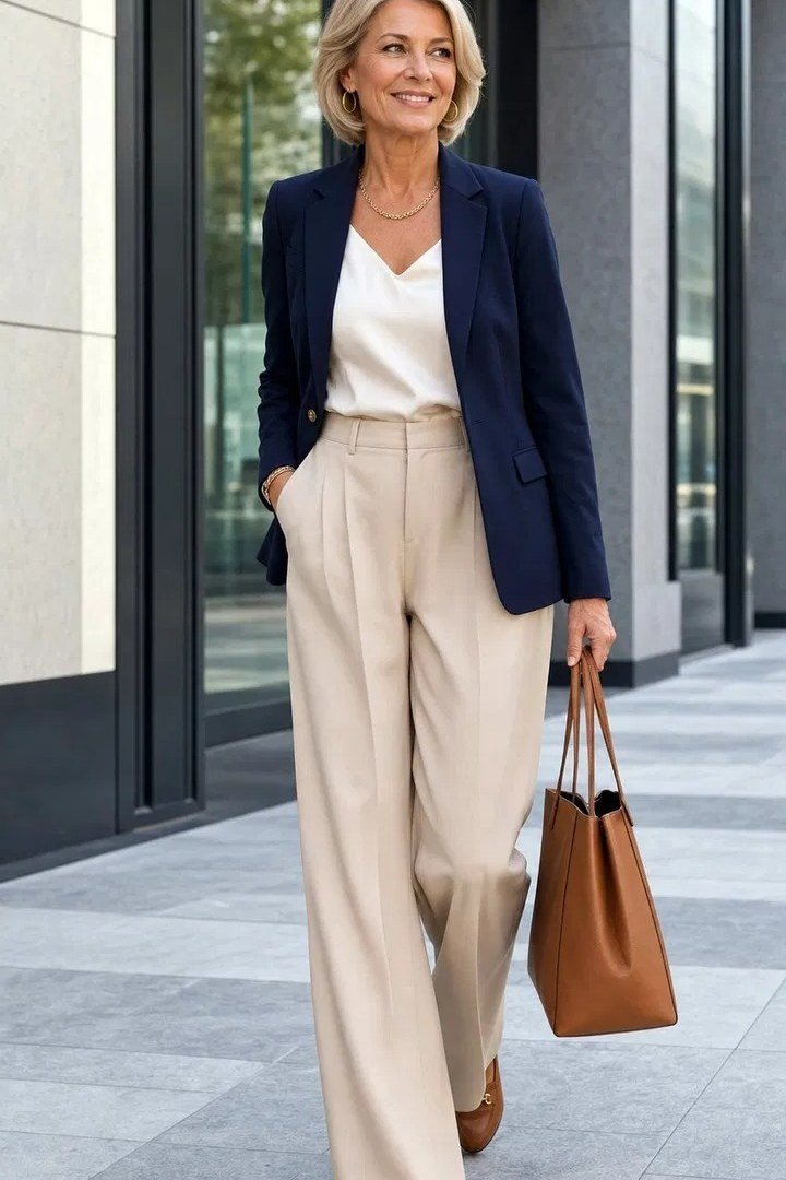 Navy blazer with white top and beige wide leg trousers, city street