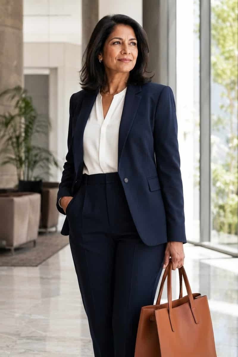 Navy blazer with white shirt and navy trousers, office