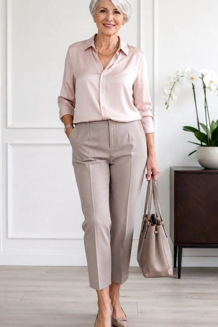 Blush pink blouse with beige trousers, studio work look