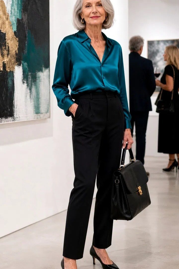 Teal satin blouse with black trousers, gallery work event
