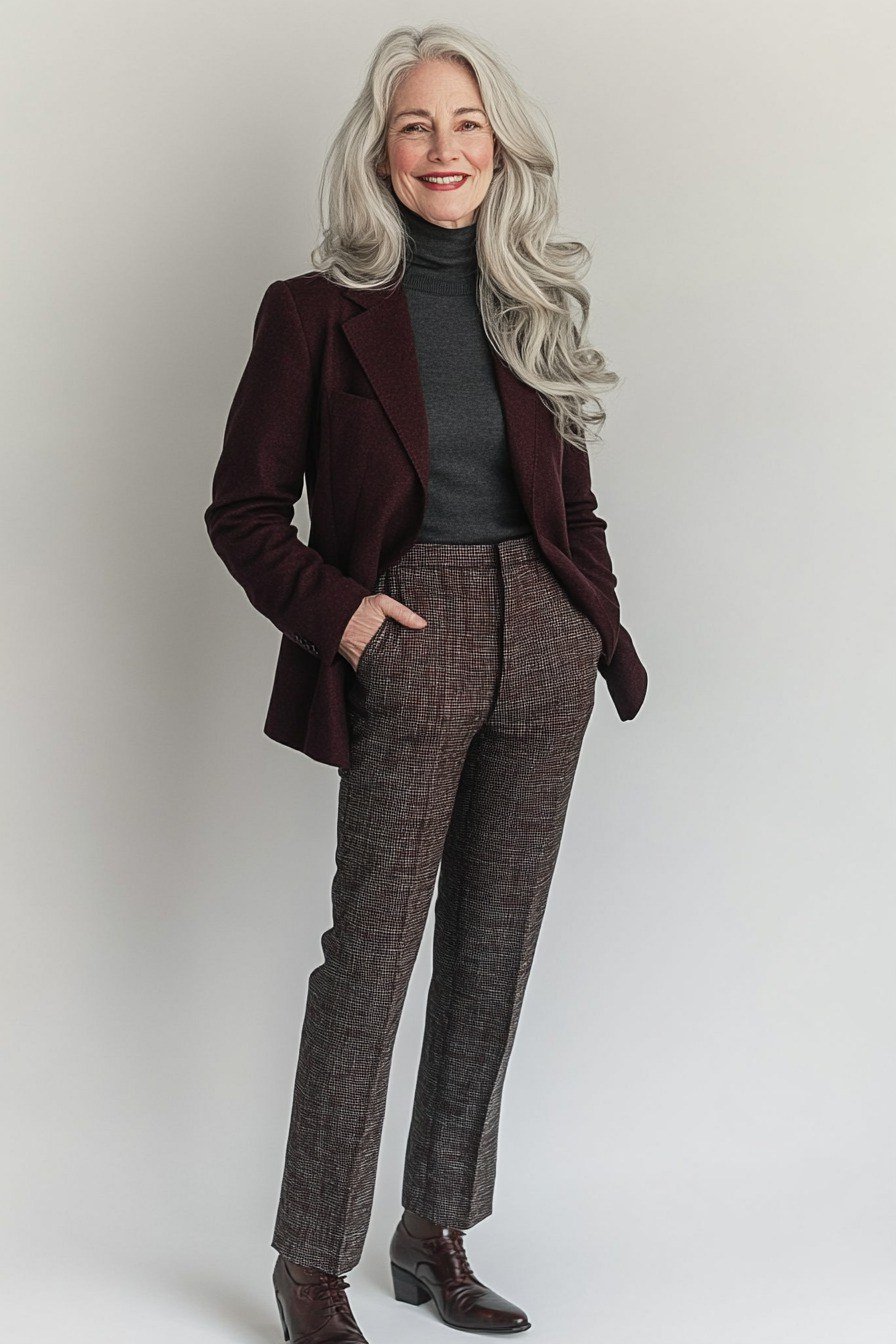Burgundy blazer with dark turtleneck and plaid trousers