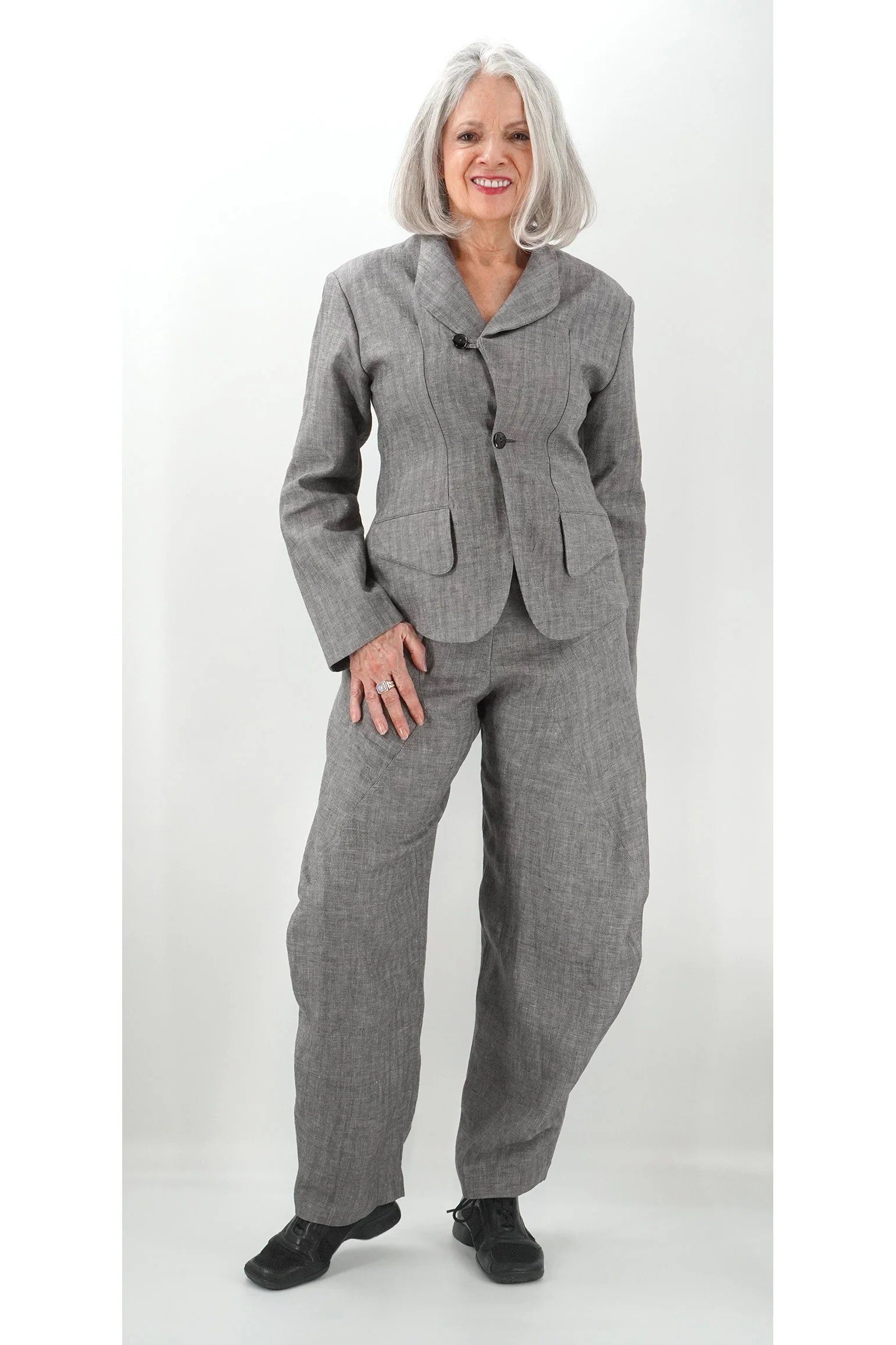 Gray plaid pantsuit for women over 60, studio