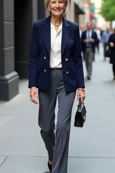 Navy blazer with gray trousers, city street, silver hair