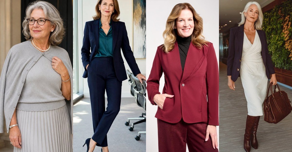 Collage of 4 business casual outfits for women over 60: gray knit, navy suit, burgundy blazer and wrap dress looks