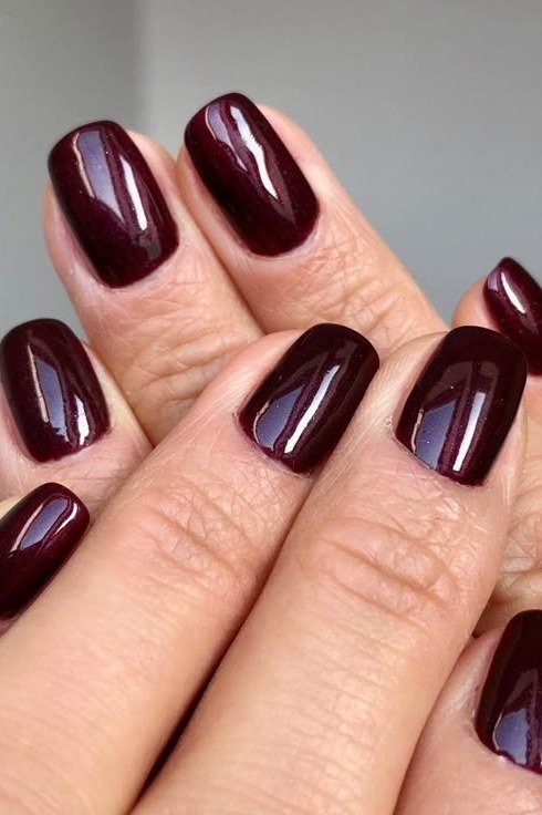 Deep Oxblood-Red Short Round Nails, best nail colors for 50 year olds