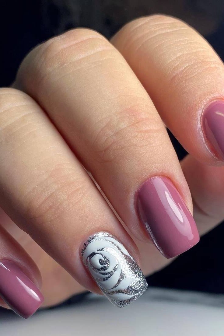 Mauve-Rose Polish with Silver Marble Accent, best nail colors for 50 year olds