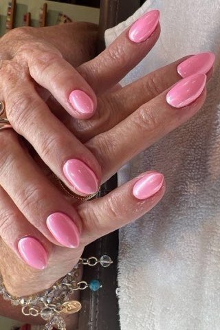 Bubble-Gum Pink Long Almond Nails, best nail colors for 50 year olds