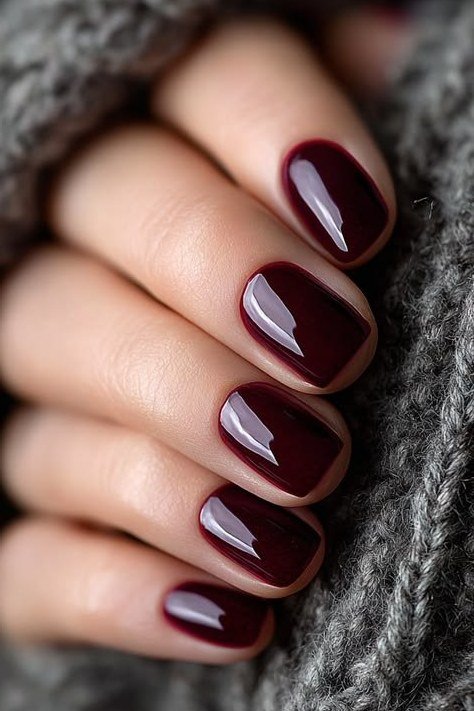 Dark Cherry-Red Short Round Nails, best nail colors for 50 year olds