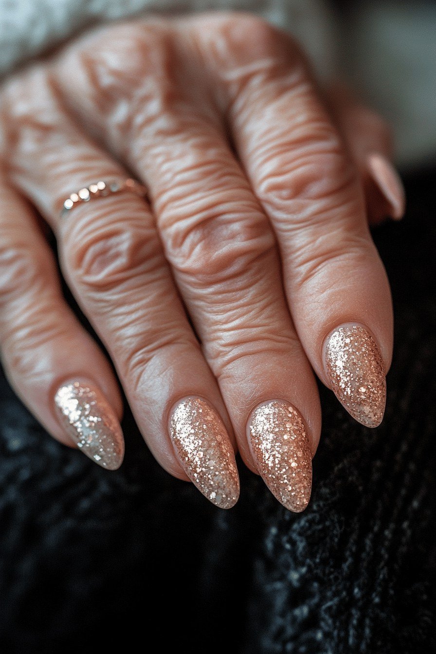 Champagne Glitter Almond Nails, best nail colors for 50 year olds