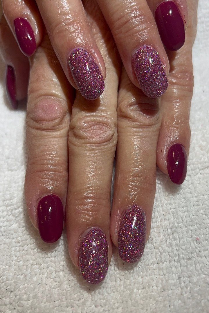 Berry Polish with Pink Glitter Accents, best nail colors for 50 year olds