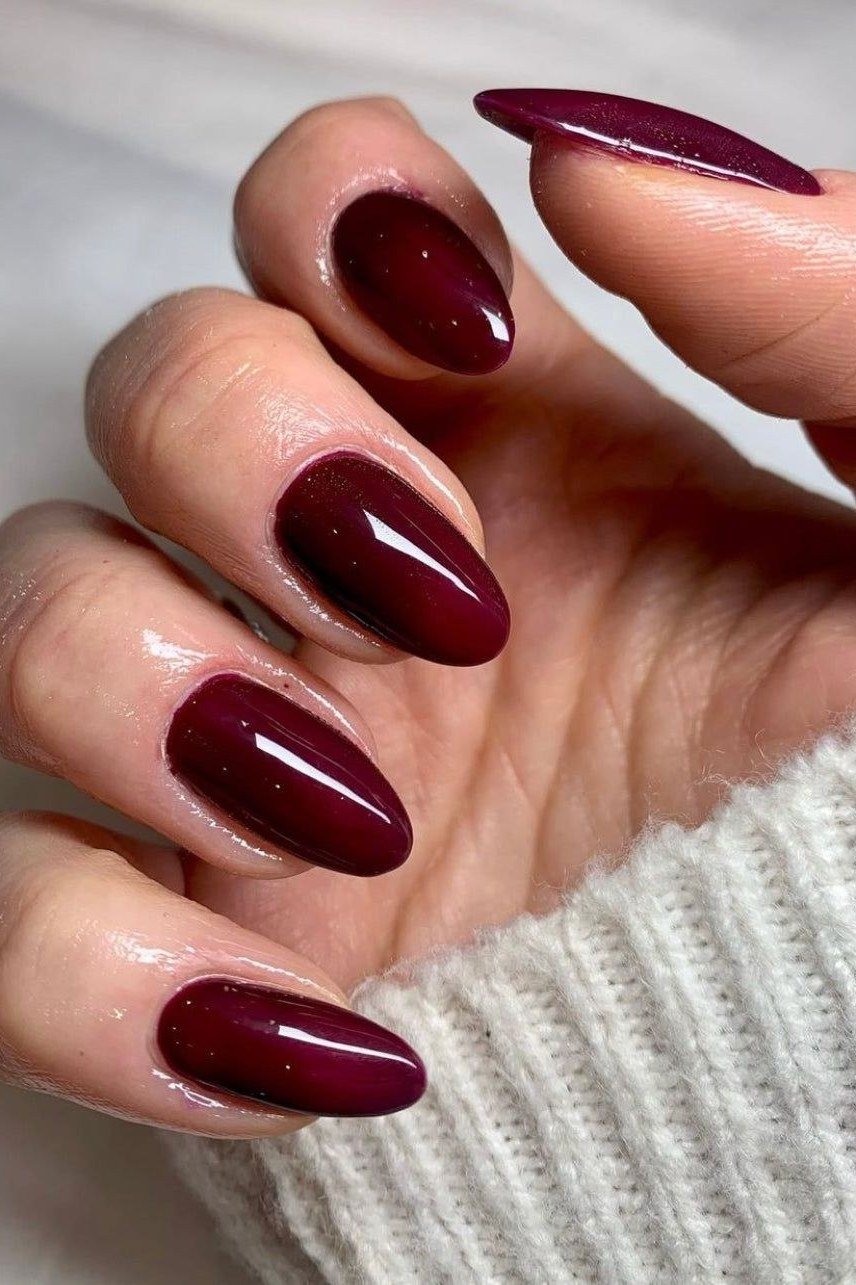 Deep Burgundy Almond Nails, best nail colors for 50 year olds