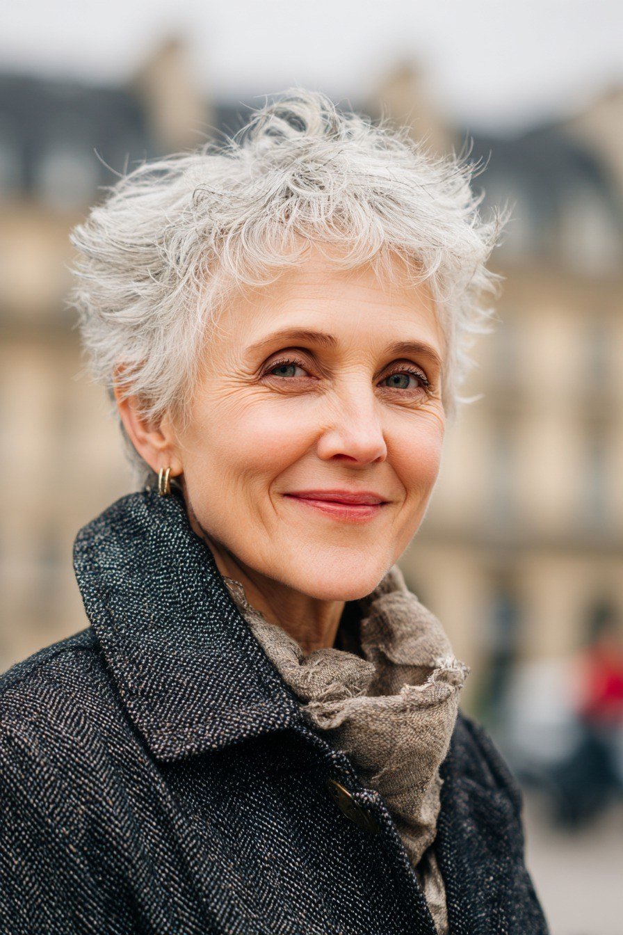 Curly white pixie with tight natural curls for women over 60