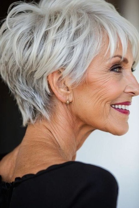 Voluminous white layered pixie haircut for older women
