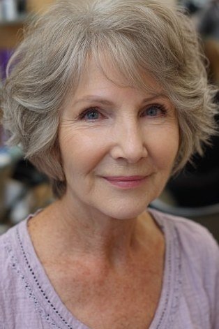Gray wavy chin length bob hairstyle for older women