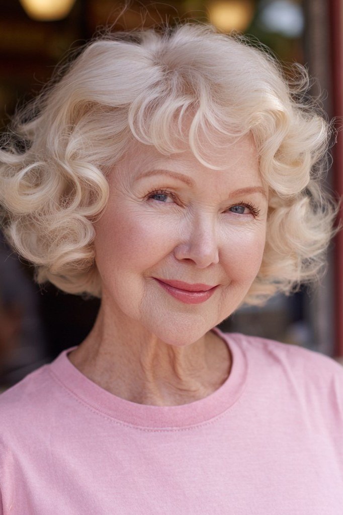 White blonde curly bob with bouncy ringlets for older women