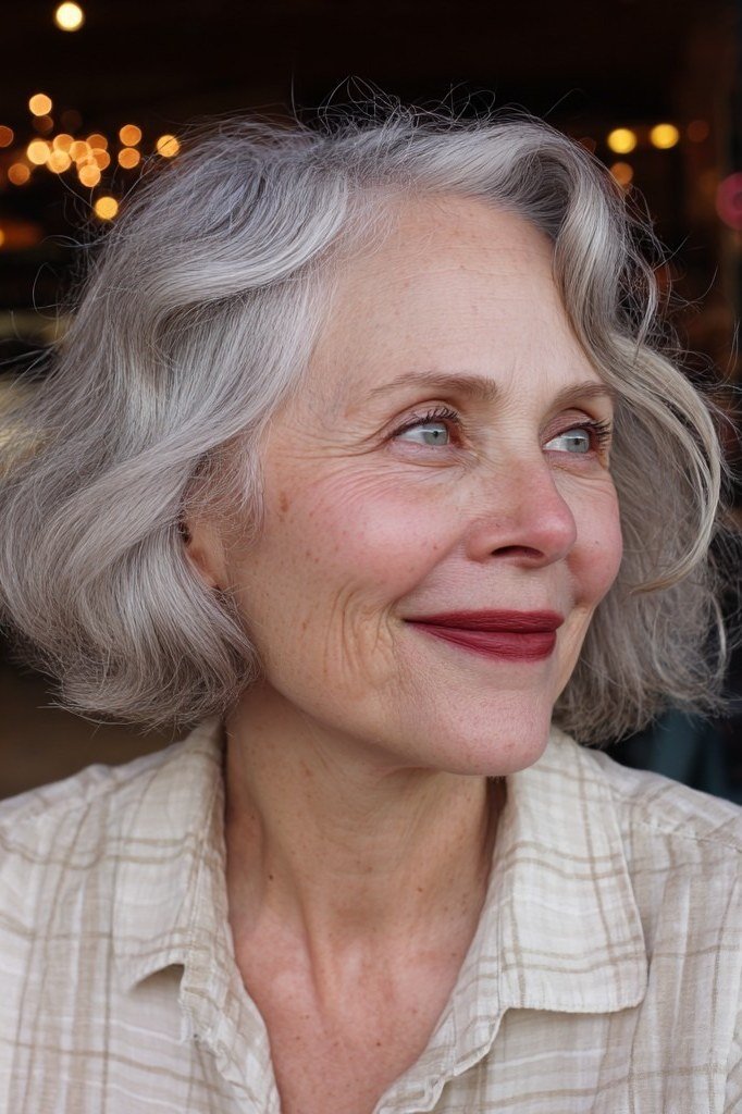 Gray wavy shoulder length lob hairstyle for women over 60