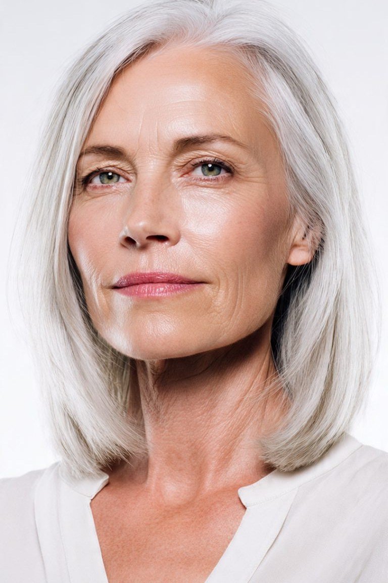 Long straight silver hair with middle part for older women