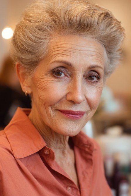 Blonde pinned updo with soft twisted bun for older women