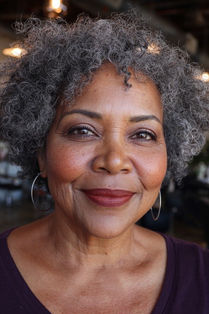 Gray curly natural afro pixie for older women