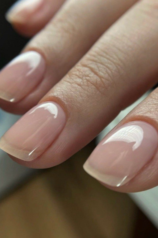 Sheer white French on medium square nails, builder gel manicure for women over 50