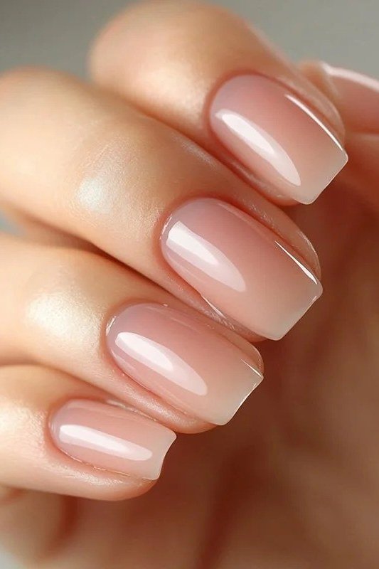 Milky white medium square nails close-up, builder gel manicure for women over 50