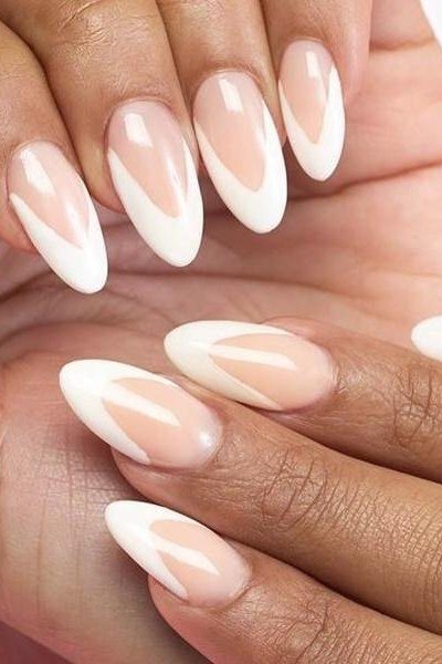 White almond nails, two hands together on soft pink backdrop, builder gel over 50
