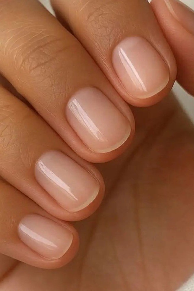 Nude oval nails in warm beige tone, close-up, builder gel manicure