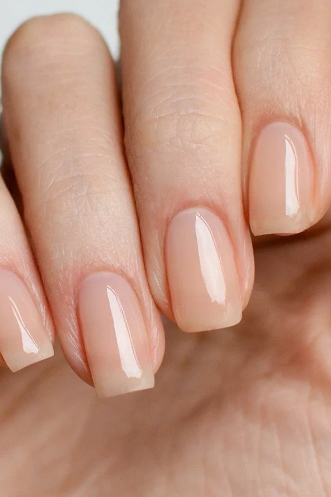 Nude short square nails with natural finish, builder gel overlay over 50