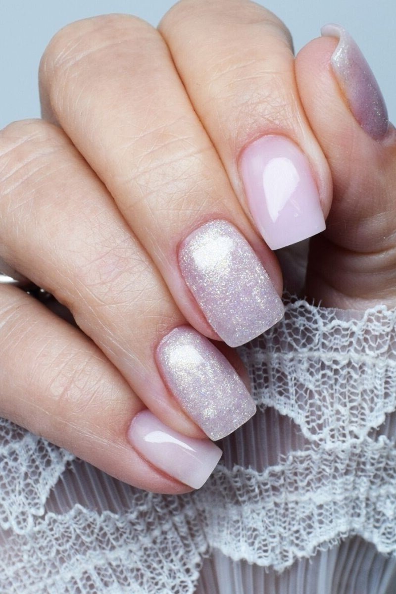 Lavender shimmer short nails with lace sleeve, builder gel for women over 50