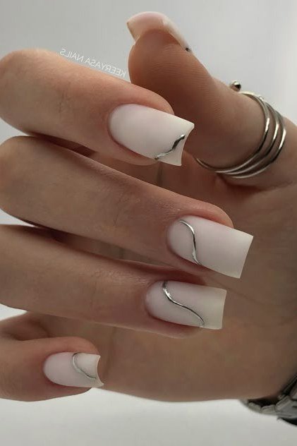 White square nails with thin line art, builder gel manicure over 50