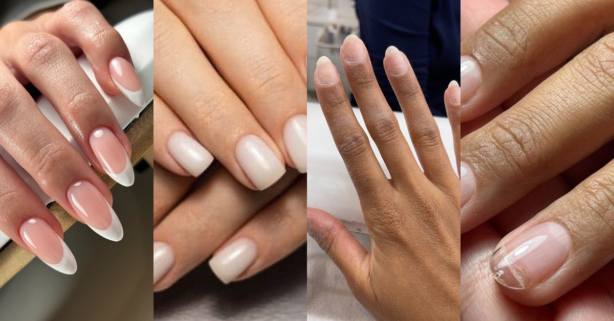 Collage of builder gel nail ideas for women over 50: French tips, milky white, nude and pink designs