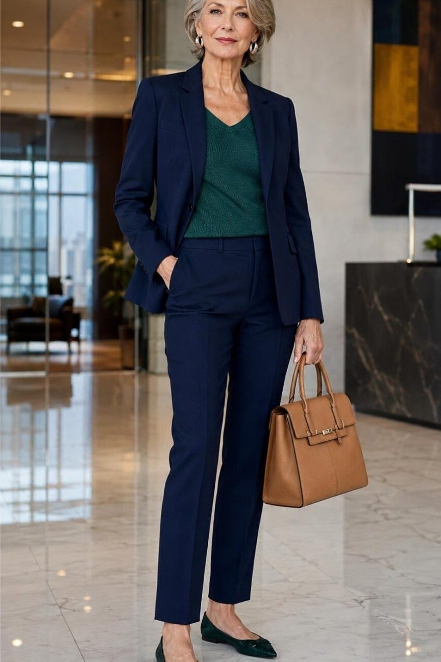 navy blazer suit for older women with emerald green top