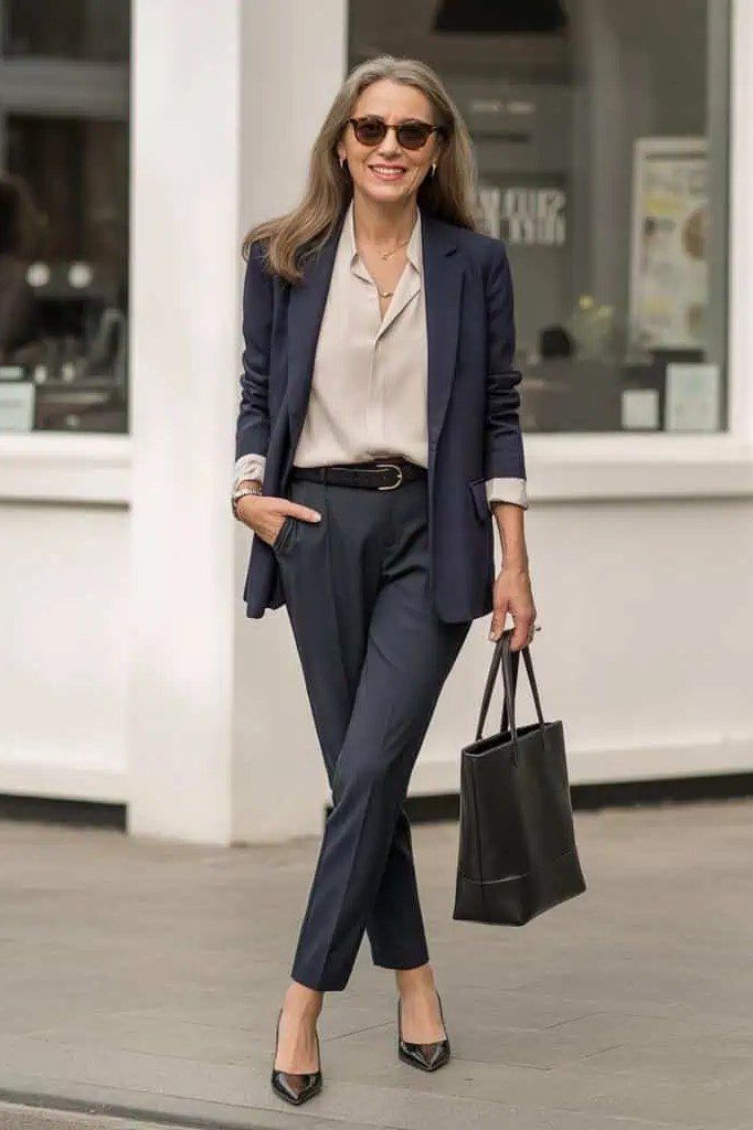 navy blazer and white shirt outfit for women over 50