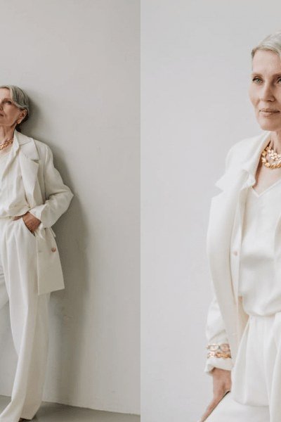 white blazer suit for women over 50 monochromatic outfit