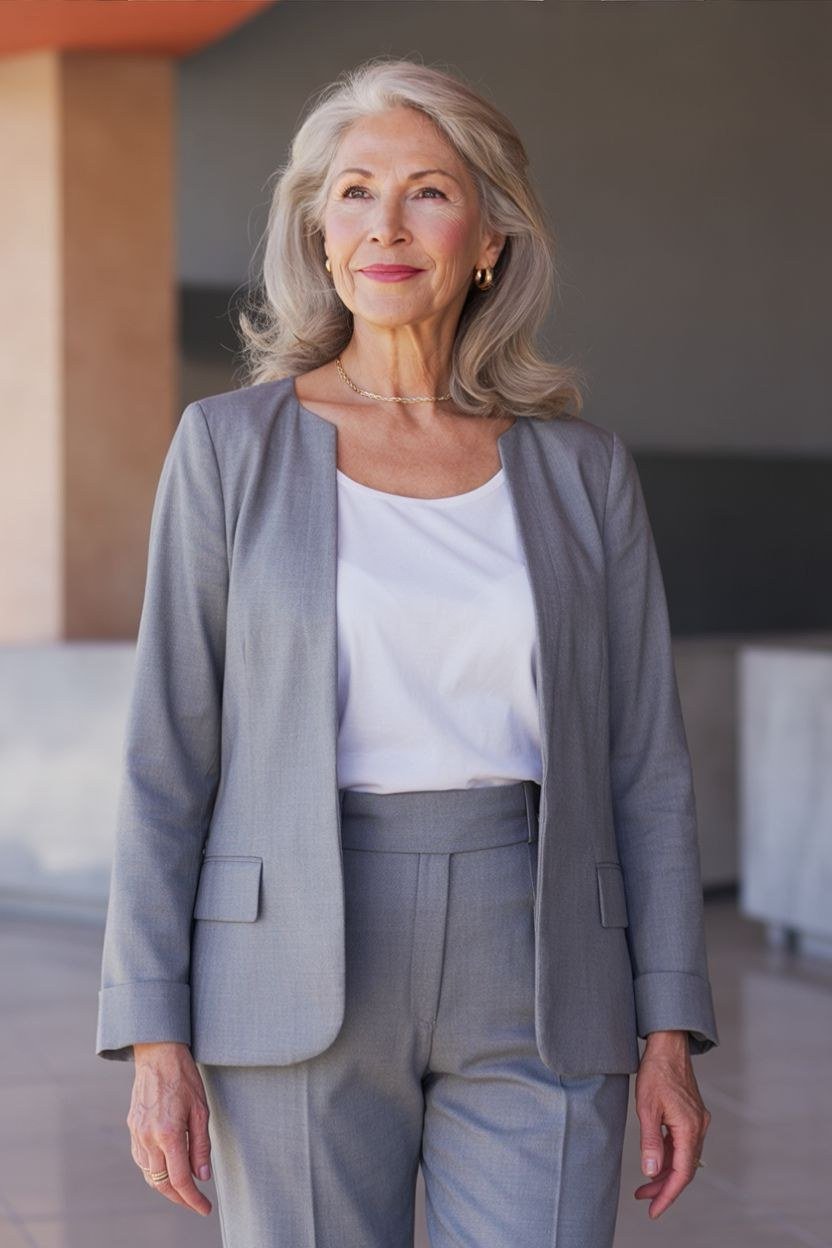gray blazer suit with white tee for women over 50