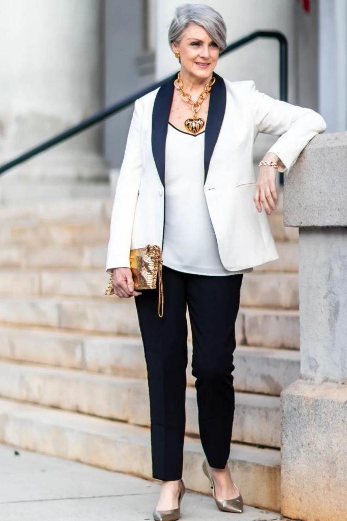 white blazer with black lapel trim outfit for women over 50