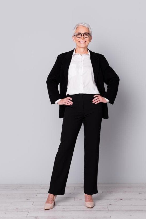 black blazer with crisp white shirt outfit for women over 50