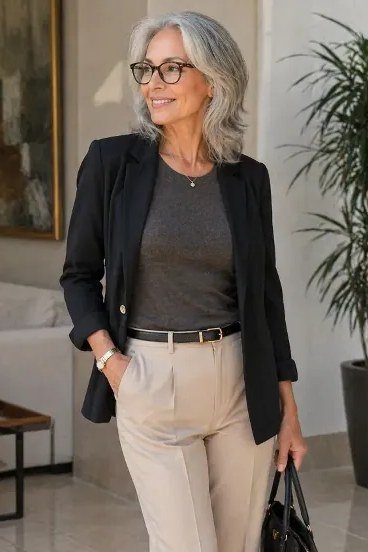 black blazer with beige trousers outfit for women over 50