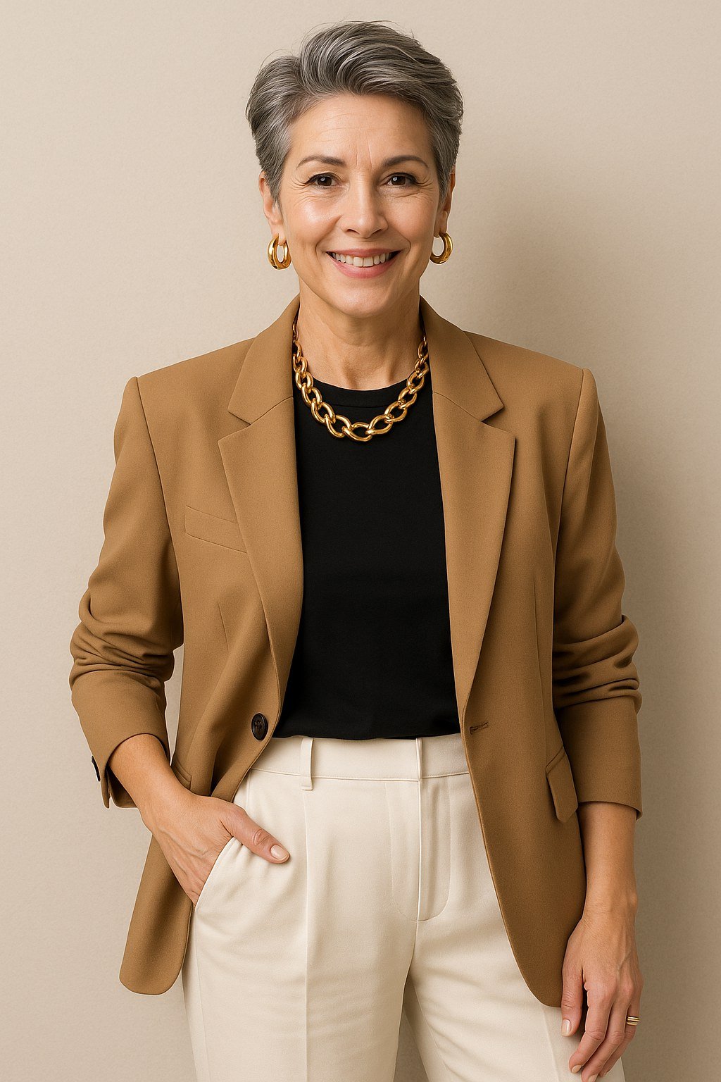 camel blazer with cream trousers outfit for women over 50