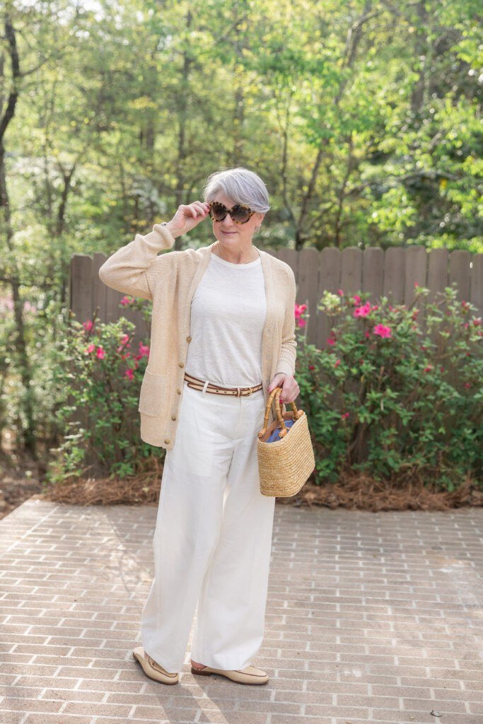 beige knit open front blazer outfit for women over 50