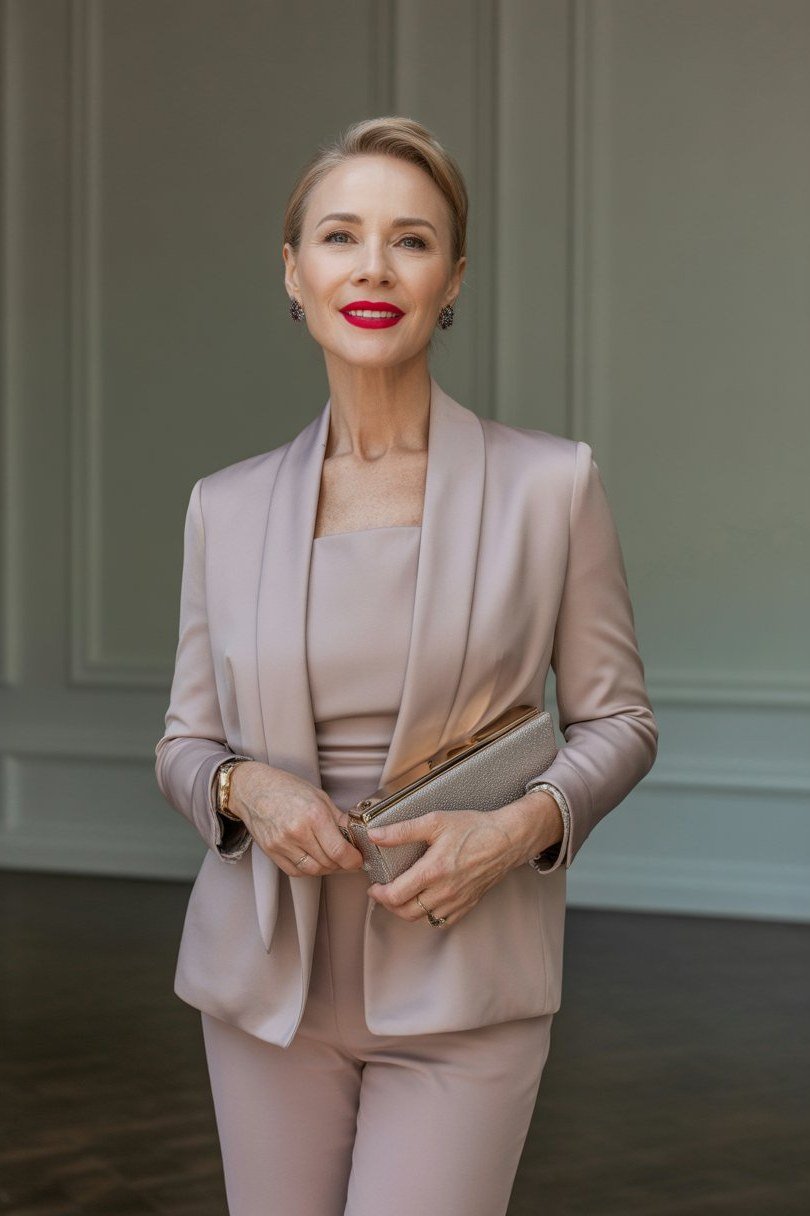 blush pink blazer suit for women over 50