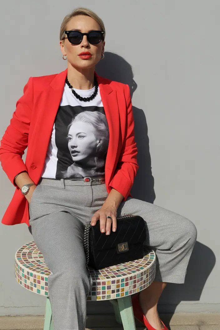 red blazer with graphic tee outfit for women over 50