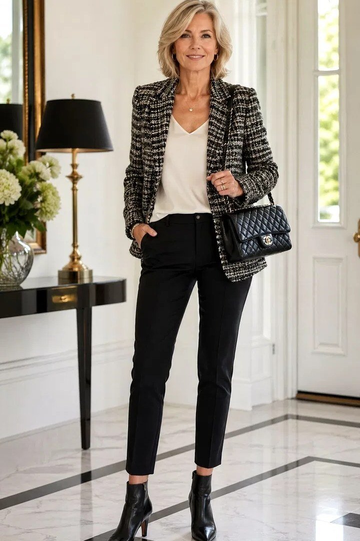 tweed jacket with black pants outfit for women over 50