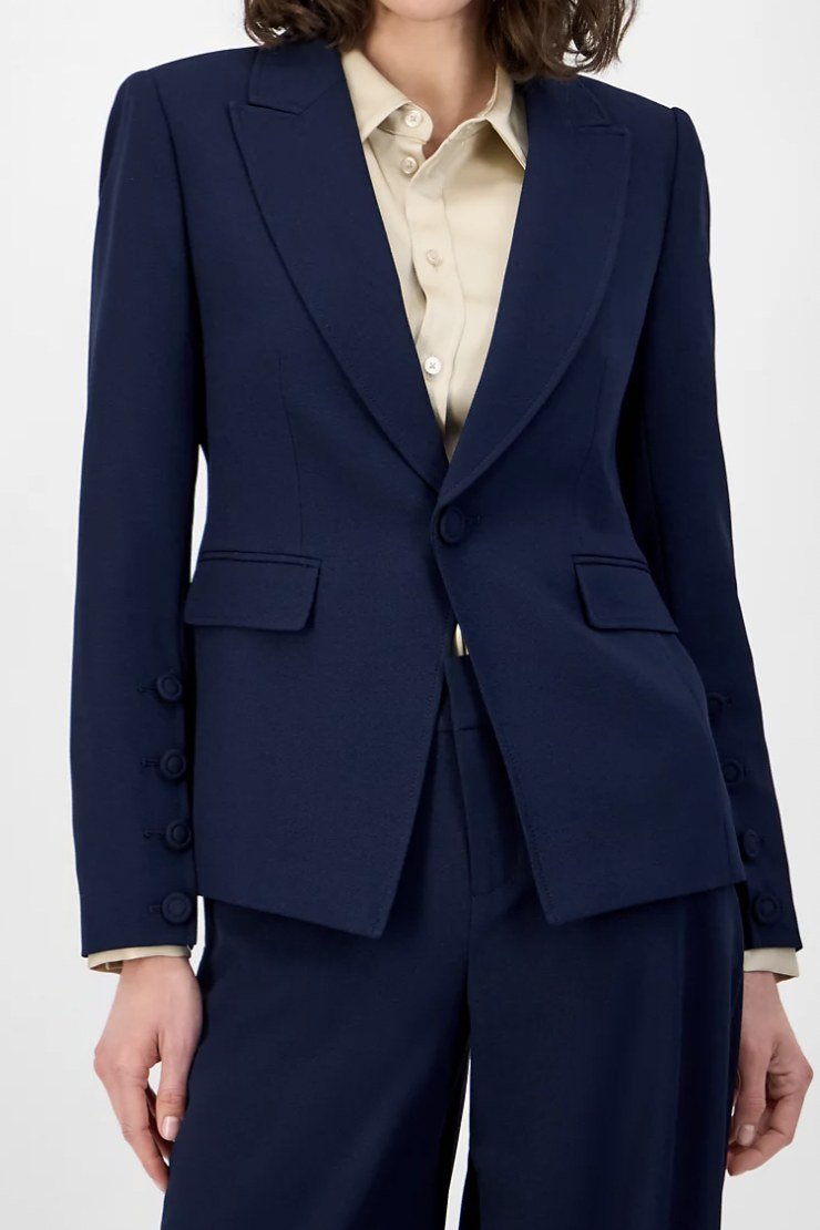 navy blazer tailoring details close up for women over 50