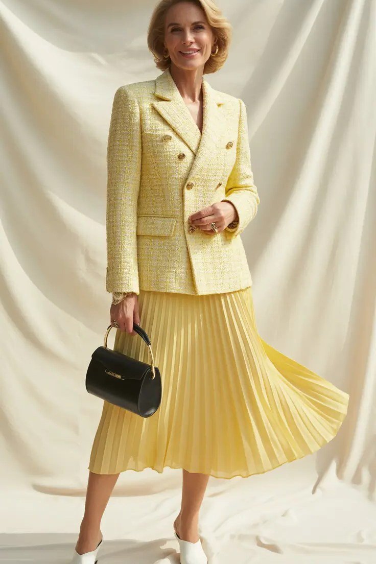yellow blazer with pleated midi skirt for women over 50