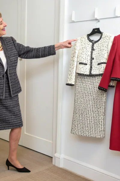 gray skirt suit for women over 50 classic tailoring