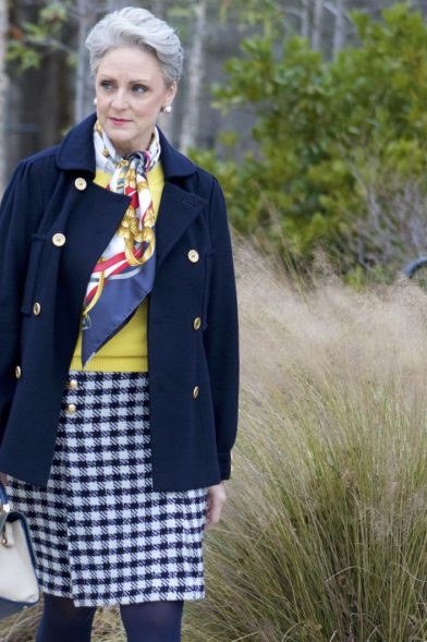 navy blazer with gingham skirt outfit for women over 50